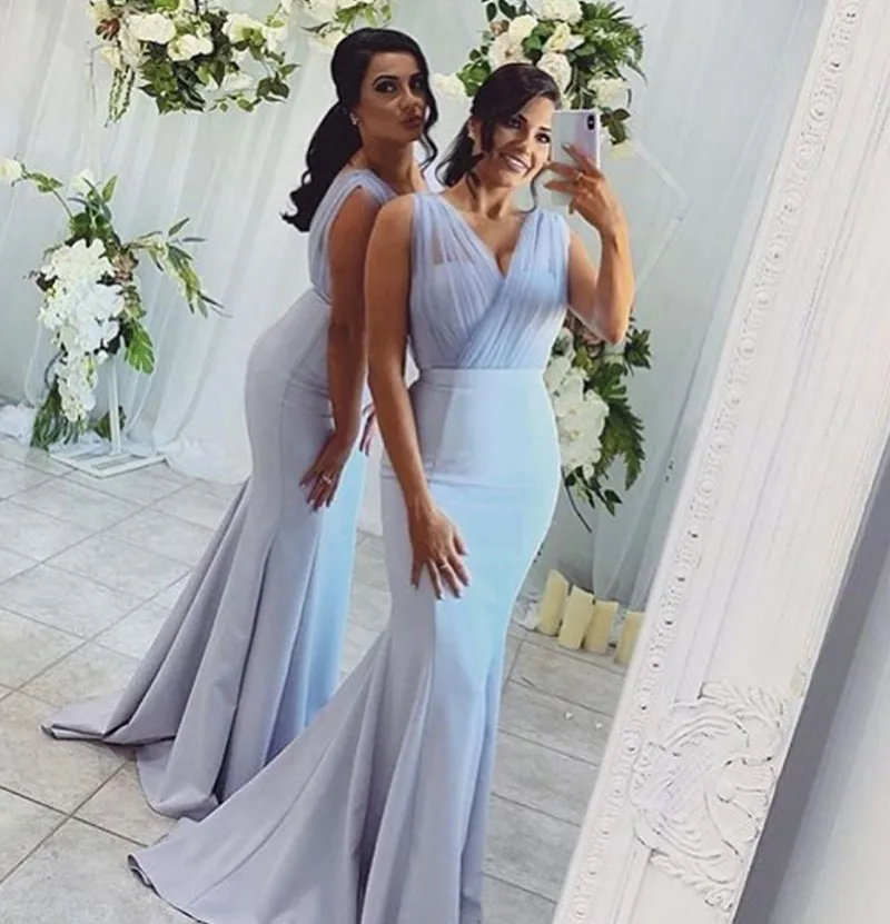 Sexy Mermaid Long Evening Dresses V-neck Light Blue Satin Women Prom Party Wear Vestidos Formal Gowns Customized Robe De Soriee