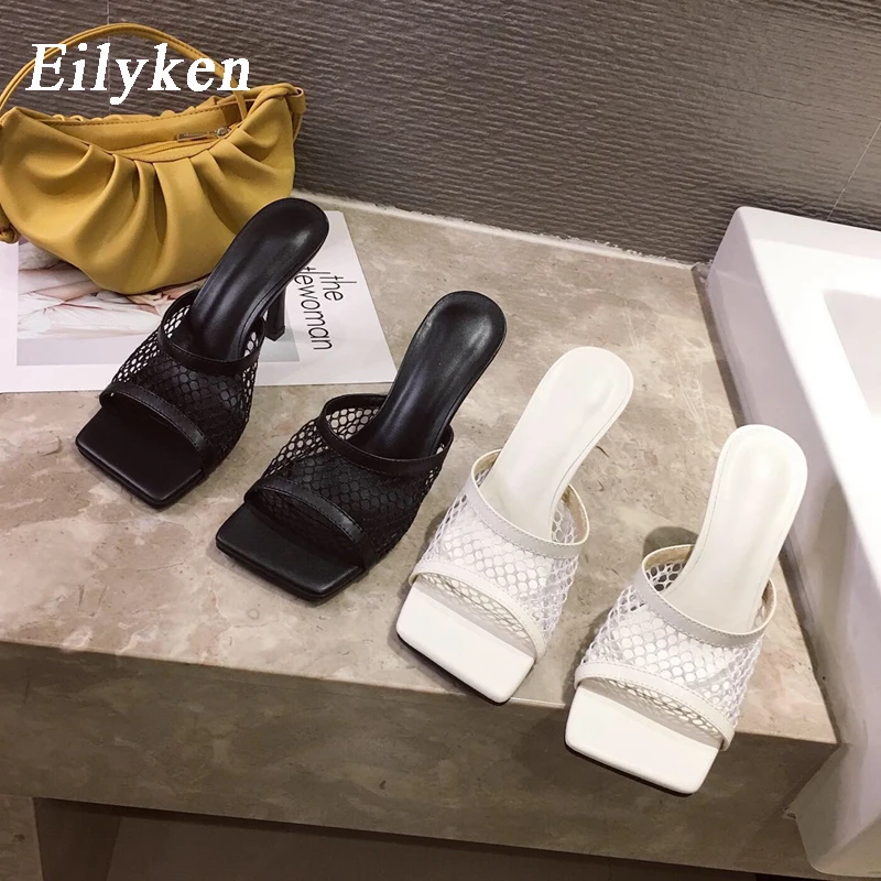 Eilyken New Sexy Square Head Peep Toe High Heel Mesh Slippers Summer Fashion Slip On Slides Women Mules Party Shoes