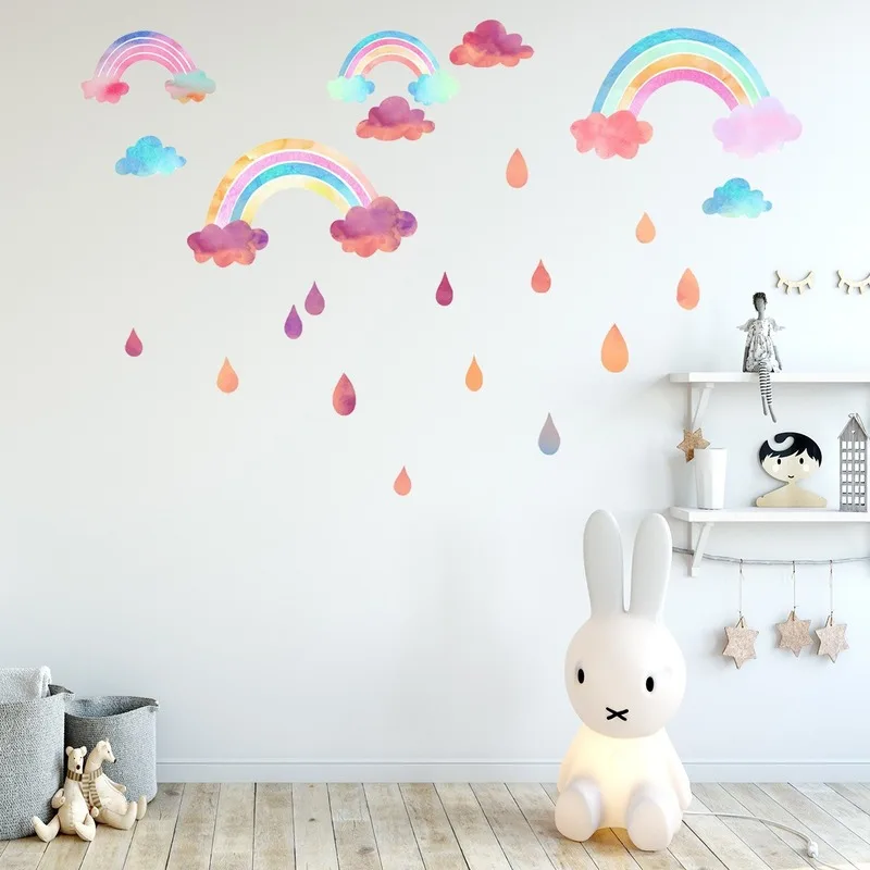 Cartoon Rainbow Wall Stickers Cloud Raindrop for Kids Room Bedroom Decor Nursery Backdrop Wall Decoration Removable Mural