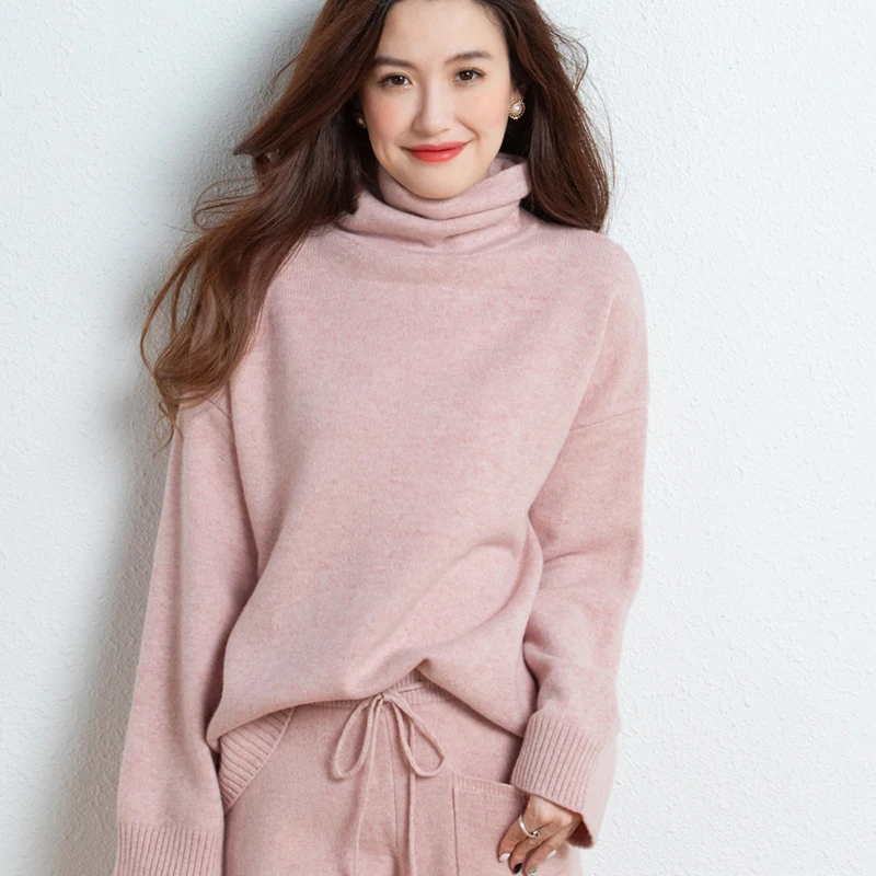 2023 autumn and winter new cashmere suit female turtleneck sweater two-piece fashion loose knitted  pure wool wide leg pants