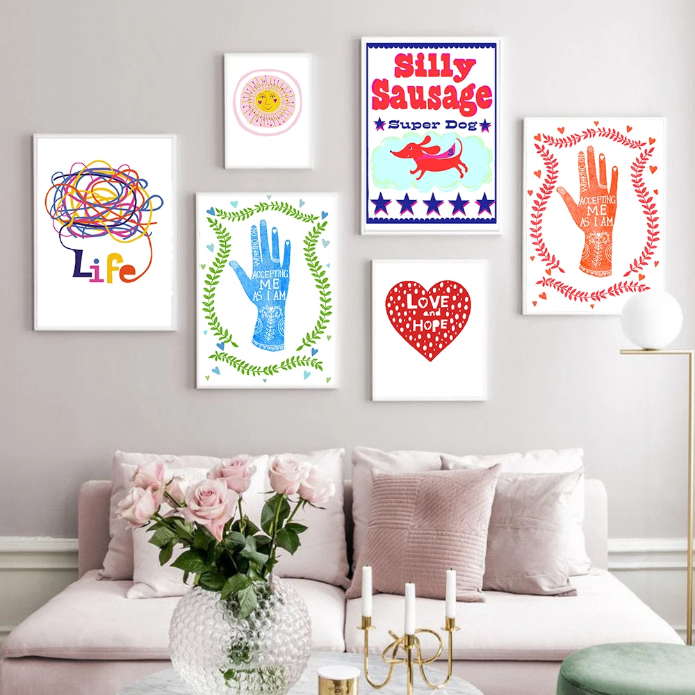 Love and Hope Positive Sunshine Quote Art Print Canvas Painting Sausage Dog Posters Cute Wall Pictures Nursery Kids Home Decor