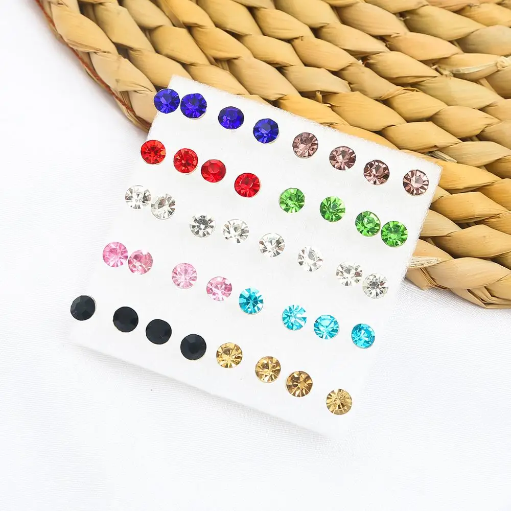 2.5 3 4 5 6mm Colorful Crystal Stud Earrings New Fashion Simple Earrings Piercing Plastic Ear 20 Pairs For Women Jewelry