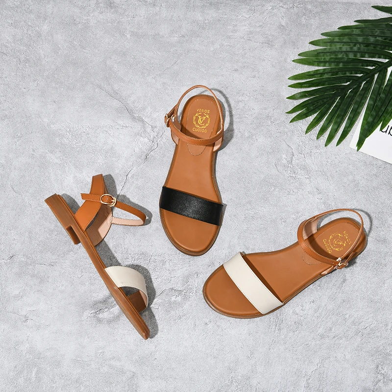 Meotina Women Shoes Flat Sandals Natural Genuine Leather Buckle Square Heel Shoes Cow Leather Sandals Female 2020 Big Size 43