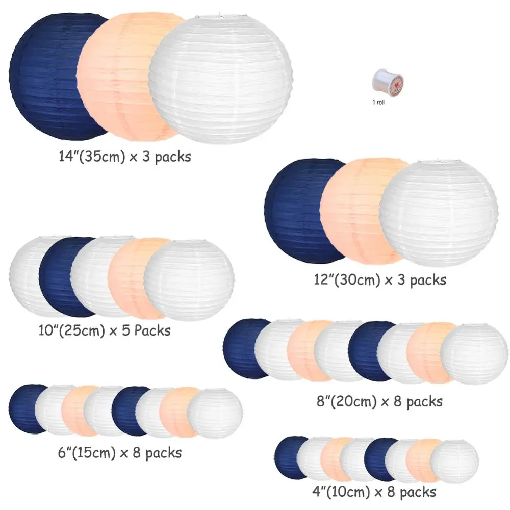 35 Packs Chinese Paper Lantern 4” 6” 8” 10” 12”14“  Navy Blue Peach Color lanterns White lampion Wedding Event Party Decorations