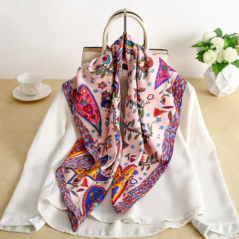 90*90cm Luxury Brand Women Silk Scarfs Print Square Scarves Spring Summer Shawls For Ladies