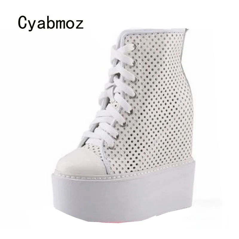 Cyabmoz Summer Height increasing Shoes Woman Sneakers High heels Pumps Genuine Leather Breathable Hollow Women Party White Shoes