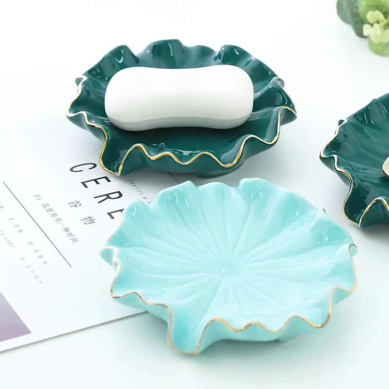 

Lotus Leaf Shape Ceramic Soap Dish Tray Hotel Bathroom High-grade Drain Soap Dish Rack for Home Wash Table Jewelry Storage Decor