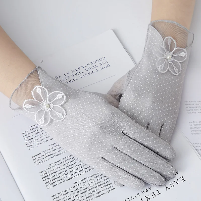 

Summer Thin Breathable Mesh Women Sunscreen Touch Screen Gloves Driving Anti-UV Skid Dot Print Lace Bow Female Elegant Gloves