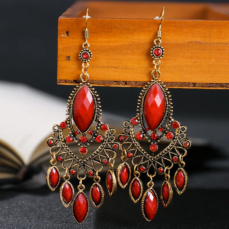 Vintage Women's Alloy Hollow Red Rhinestone Tassel Wedding Earrings Danglers Boho Ethnic Geometric Earrings Indian Gypsy Jewelry