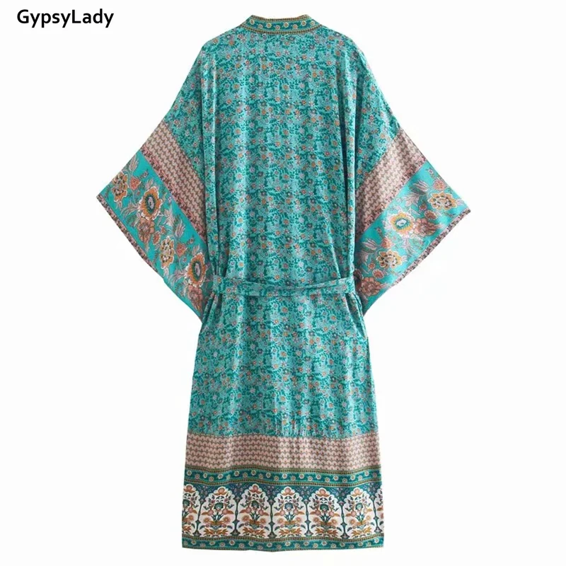 Imagem -06 - Gypsylady Blusa Kimono Longa Feminina Verde Boho Floral Vintage Manga Flare Blusa de Praia