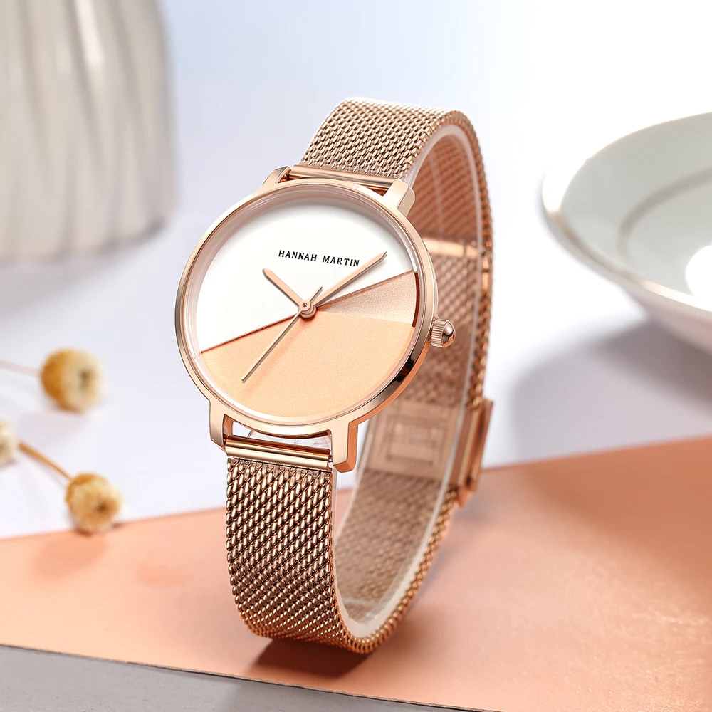 1 Set Bracelet & watch  Japan Quartz Lady Stainless Steel Mesh Double Surface Dial Gradient Rose Gold 30m Waterproof Women Watch