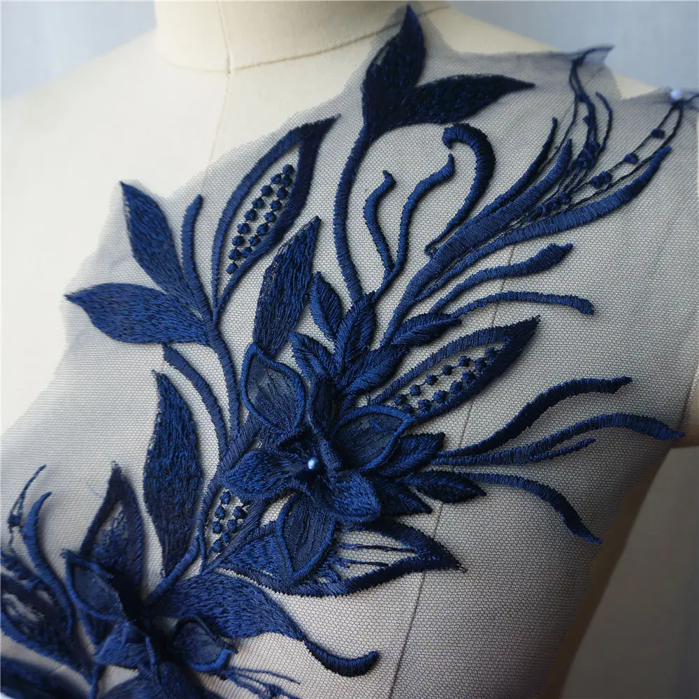 Navy Blue Embroidery 3D Flower Tassel Lace Fabric Applique Collar Wedding Gown Bridal Dress DIY