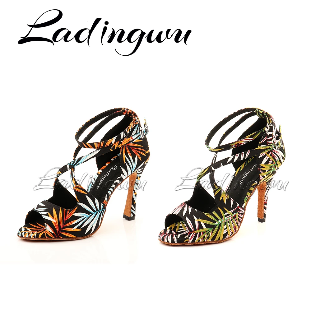 Ladingwu Salsa Jazz Ballroom Latin Dance Black Shoes For Dancing Women Social Strip High Heels Featured graffiti Satin  Sandals