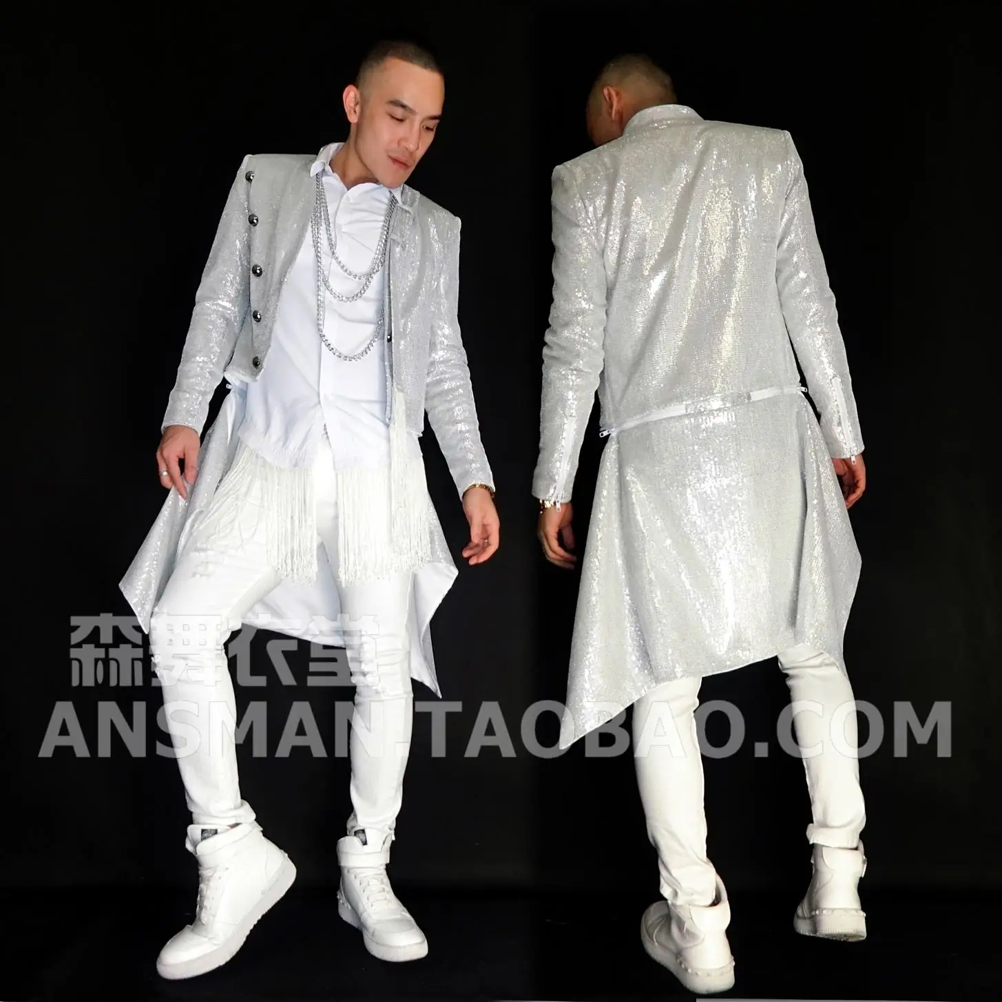 

Nightclub Male DJ Male Singer Bar GD Same Paragraph Silver Super Flash Long Detachable Suit Jacket Costume