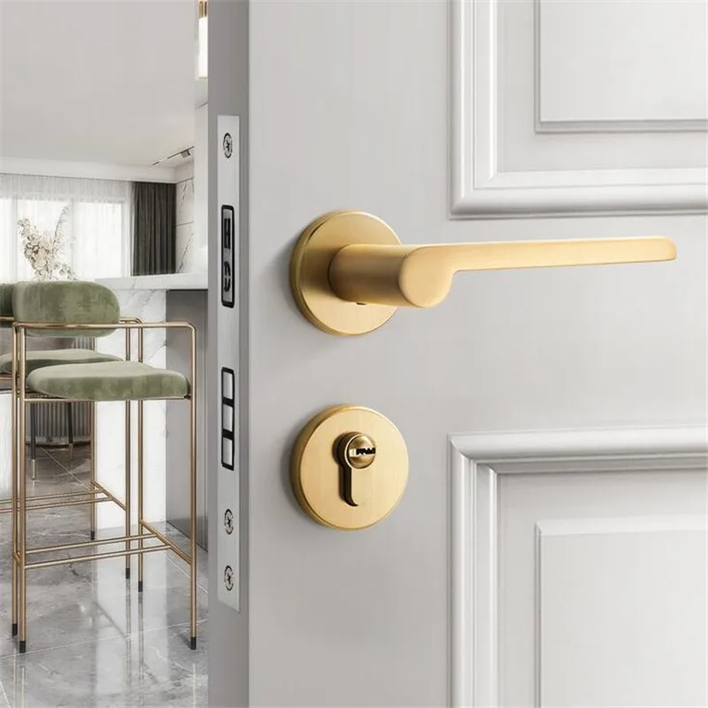 Nordic Modern Indoor Brushed Solid Zinc Alloy Gold Door Lock Interior Door Lock Bedroom Mute Magnetic Door Lock Handle Set