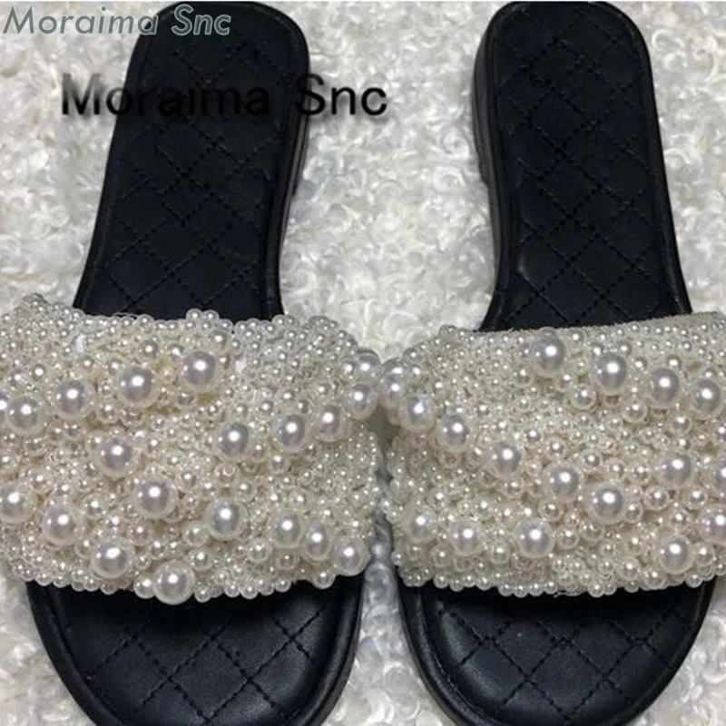 Moraima Snc-zapatos blancos y negros para mujer, zapatillas planas con cordón de perlas, Zapatillas de casa para verano