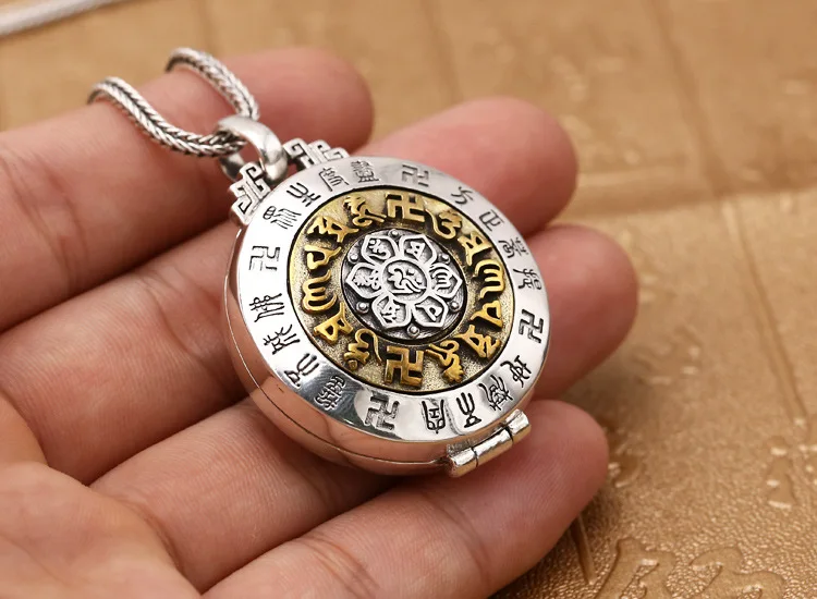 

925 sterling silver six-character mantra box pendant Thai silver retro men and women personality necklace pendant