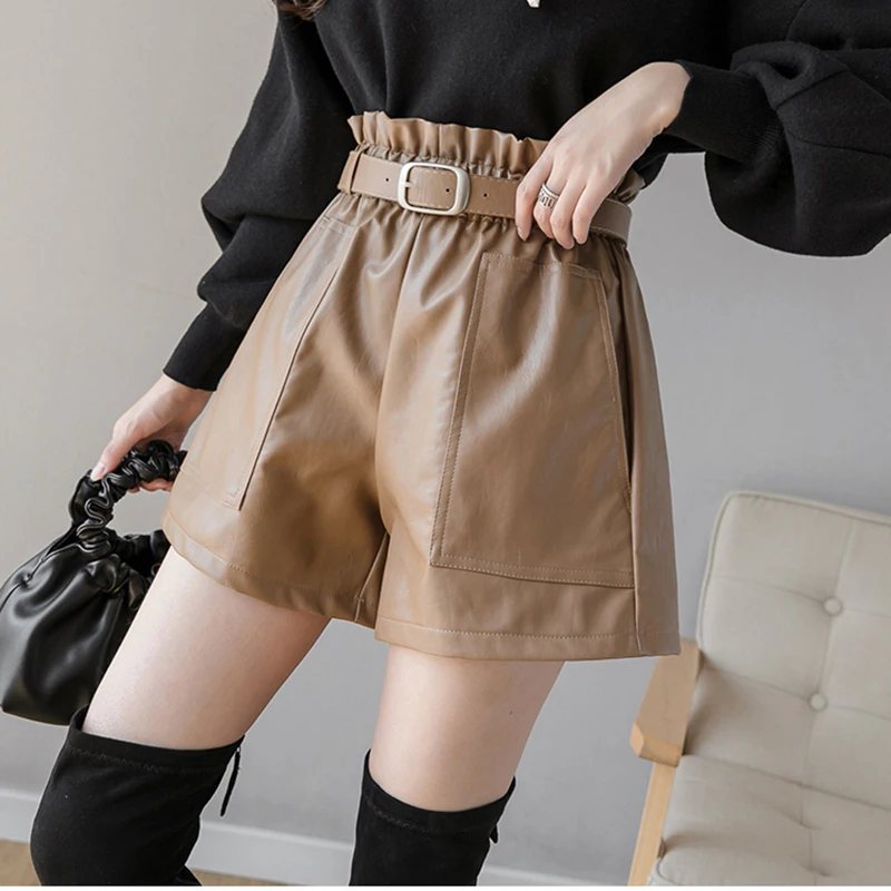 2023 Women\'s Leather Shorts Pu High Waist Elastic A-line Wide-legged With Belt Black Brown Elegant Bottoms Casual Short Mujer