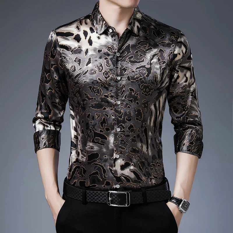 New 2020 Male Leopard Silk Shirts Long Sleeve Man Fashion Printing Silk Clothes Casual Satin Silk Dress Shirts Free Shipping