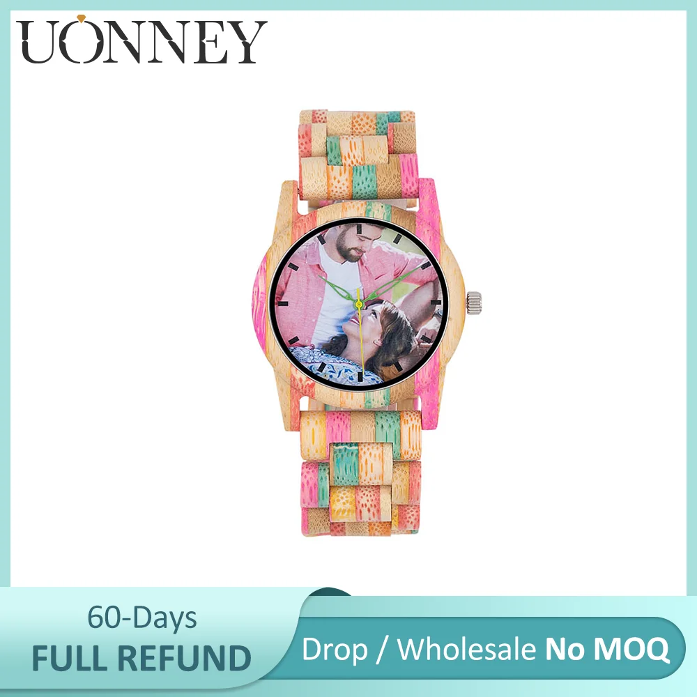 

UONNEY Dropshipping Personalized Painting Photo Bamboo Wooden Watch Waterproof Band Anniversary Gift for Woman Your Loved One