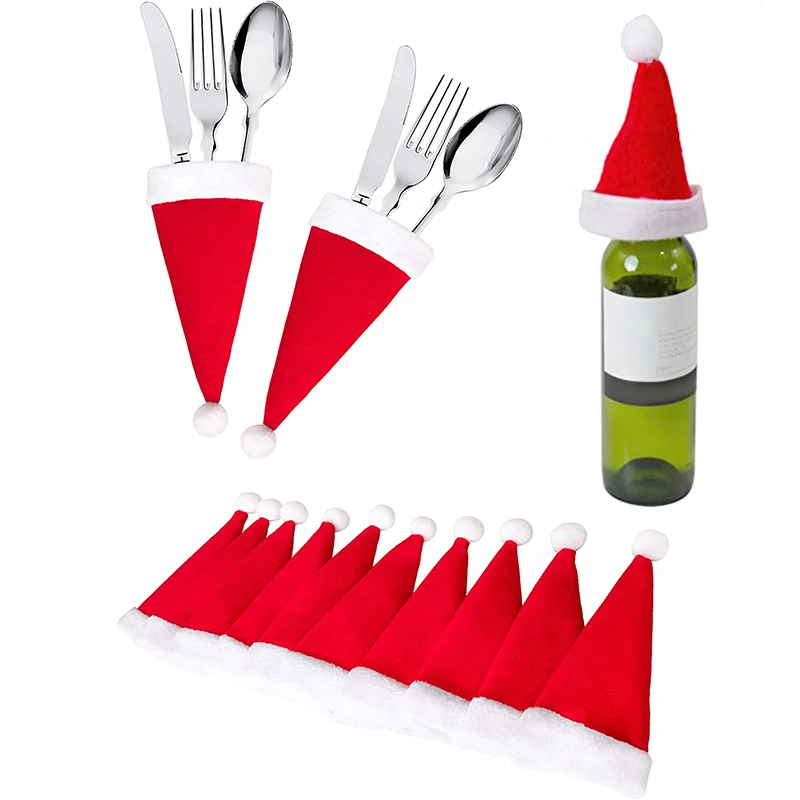 

10/5pcs Christmas hat Decorations Kitchen Fork Knife Cutlery Storage Holder Bag Pocket Spoon Bags Dinner Table Decor Ornament