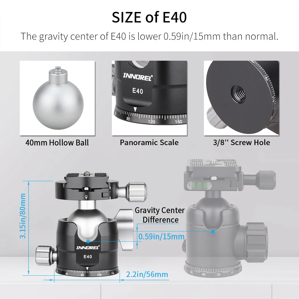 E34/E40 testa a sfera per treppiede a basso profilo testa a treppiede per fotocamera CNC con tacca a U panoramica per fotocamera DSLR monopiede piastra a sgancio rapido Extra
