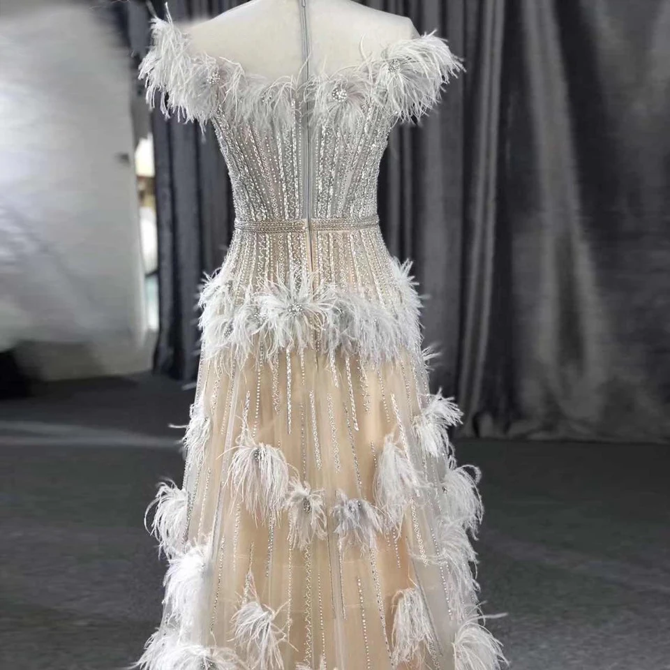 Luxury Elegant Evening Dresses 2020 For Women Sleeveless Feathers Beading A-Line Sexy Sleevless Crystal Handmade Formal Party Go