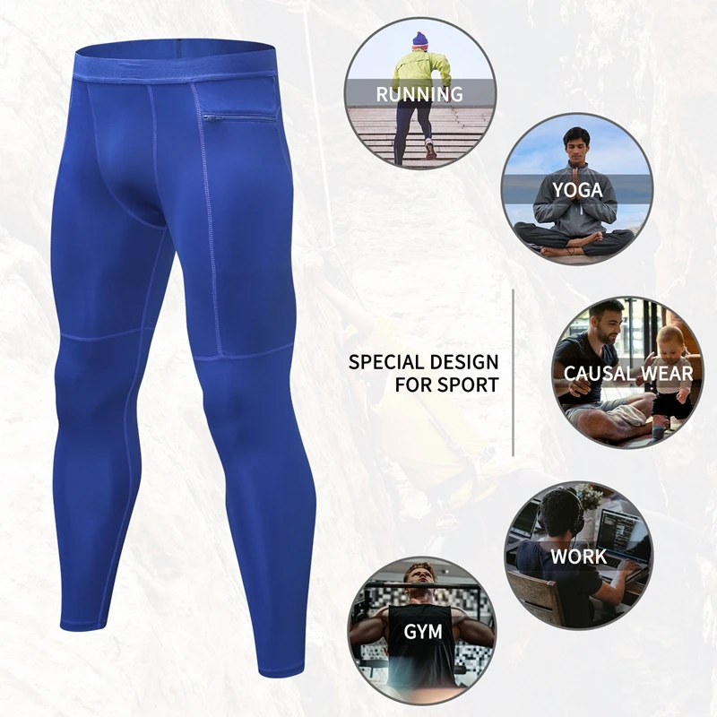 Compression Tights Mens Running Legging Gym Training Joggings Sportswear Sports Pants with Pocket Skinny Trousers Soccer Pants