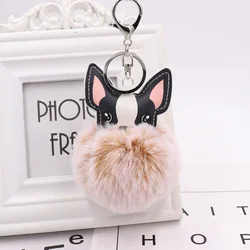 Fluffy Rabbit Fur Ball French Bulldog Keychain Pompom Key Chain Pu Leather Animal Dog Keyring Holder Bag Charm Trinket Chaveiros