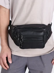 Jchensj bolsa de cintura de couro genuíno para o homem 7 zíper bolso panny pacote casual grande capacidade masculino cintura pacote sólido chast sacos