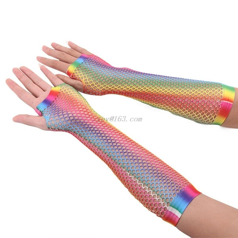 

Womens Girls Hollow Out Holes Gloves Rainbow Printed Fingerless Mesh Net Fishnet