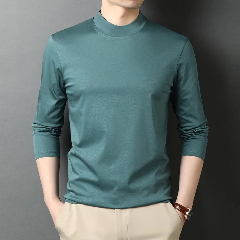 Comfy 100% Mercerized Cotton T Shirt Men Long Sleeve Korean Style Basic Solid Color T-shirts Half High Collar 2021quick Dry Tees