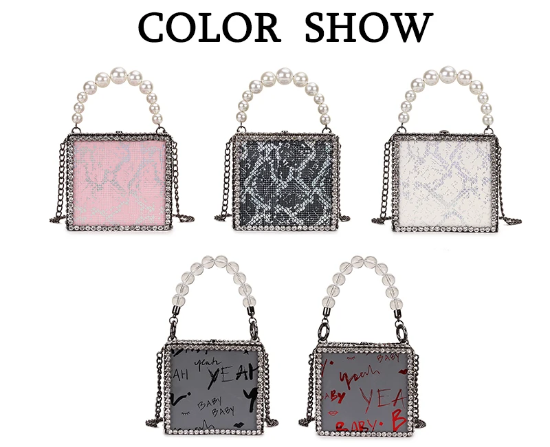 New Style Box Style Snakeskin Transparent Beaded Handle Diamond Ladies Party Handbag Dinner Chain Purse Totes Women Shoulder Bag