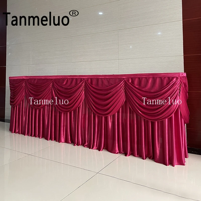 H0.8MxW3M Table Cloth Skirt With Color Swag Drape Ice Silk Table Skirting Birthday Wedding Party Event Decoration