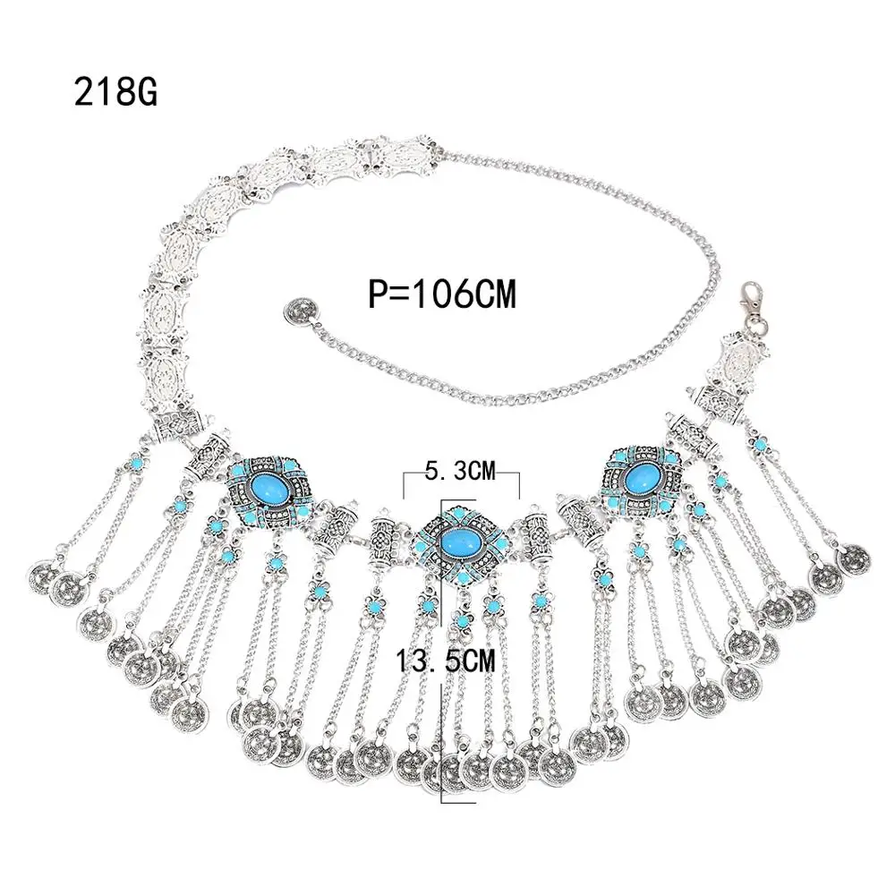 Afghan Alloy Blue Black Stone Belly Chains Hippie Coin Long Tassel Waist Chain Sexy Beach Dress Belt Women Body Jewelry