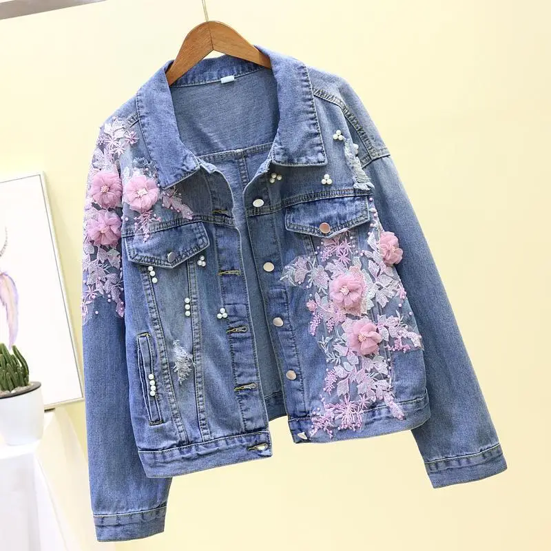 

2022 Autumn Women Denim Jacket Embroidery Three-dimensional Floral Jeans Jacket Beading Pearl Ripped Hole Bomber Outerwear P778