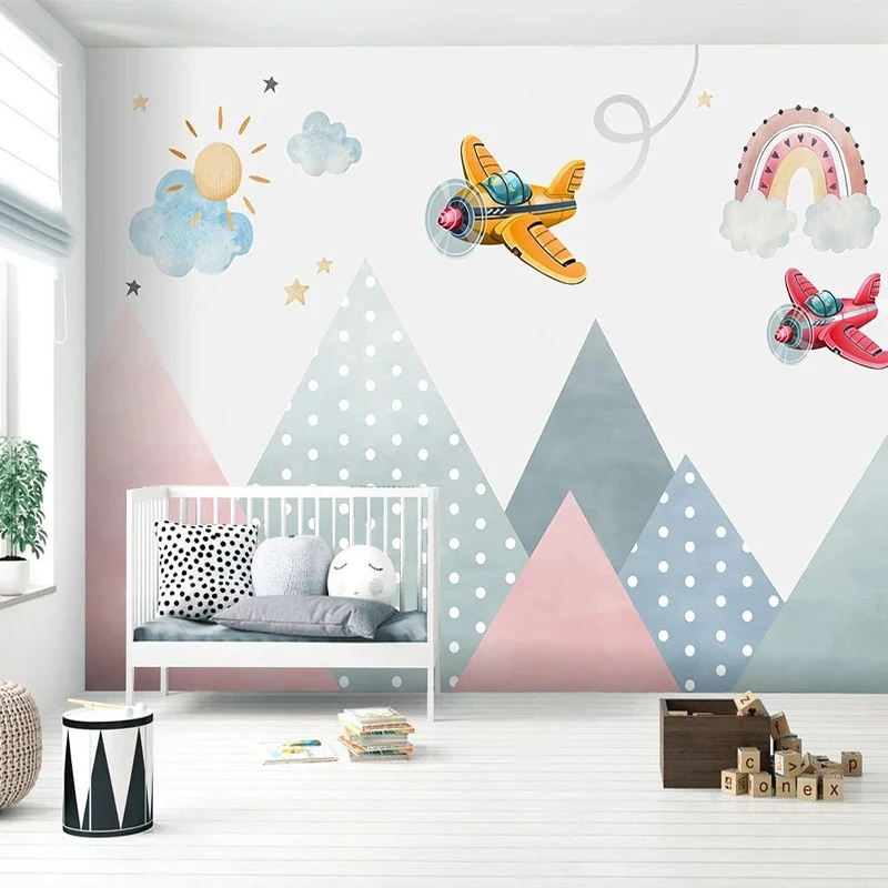 

Custom Mural 3D Wallpaper Geometric Mountain Peak Cartoon Airplane Wall Paper Sticker For Children's Room Home And Decoration