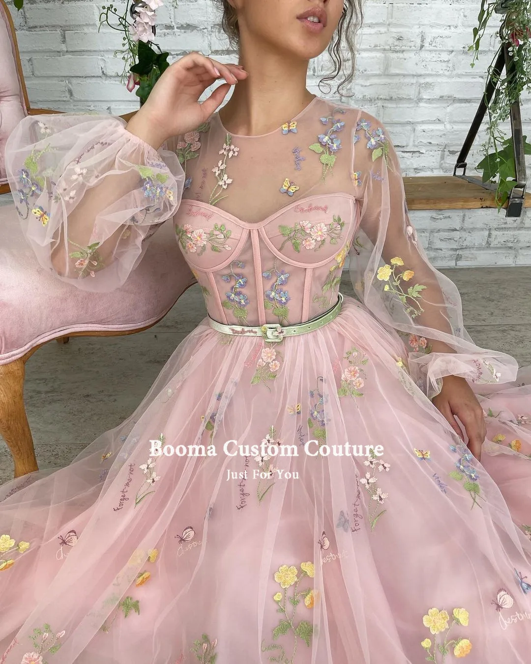 Booma Pink Embroidery Lace Maxi Prom Dresses Long Sleeves Sheer Neckline Tulle Wedding Party Dresses 2021 A-Line Formal Gowns