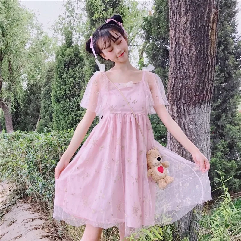 Japanse Stijl Zoete Meisje Fairy Mesh Jurk Vrouwen 2021 Zomer Nieuwe Geborduurde Jarretel Jurk Lolita Jurk Fairy Kei Loli