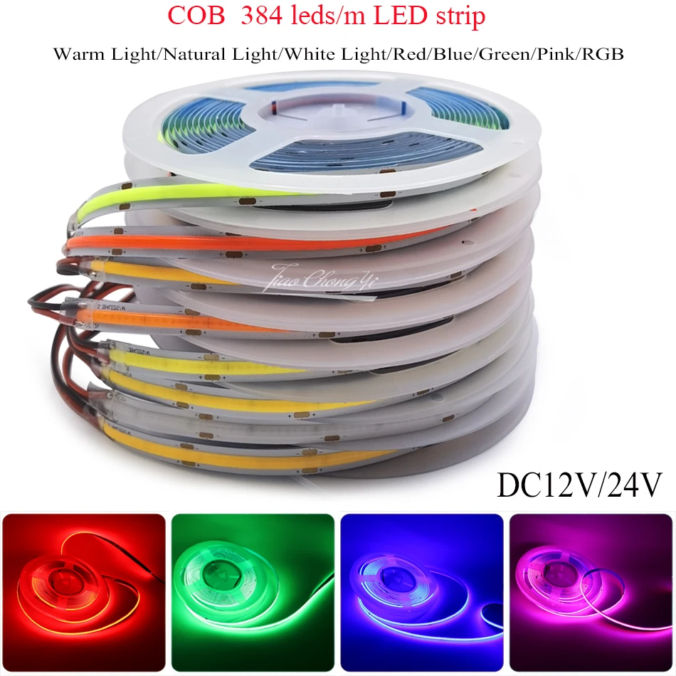 

5m DC12V 24V COB FOB 384Leds/m Led Flexible Strip Red Green Blue white Led Lighting Tape for Decor Lighting RGB LED Strip