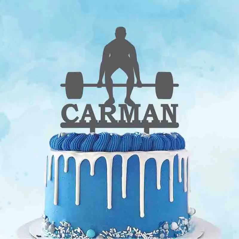 Personalized Weightlifting Cake Topper Custom Name Man Lifting Weights Silhouette Birthday Party Cake Decoration Topper YC149