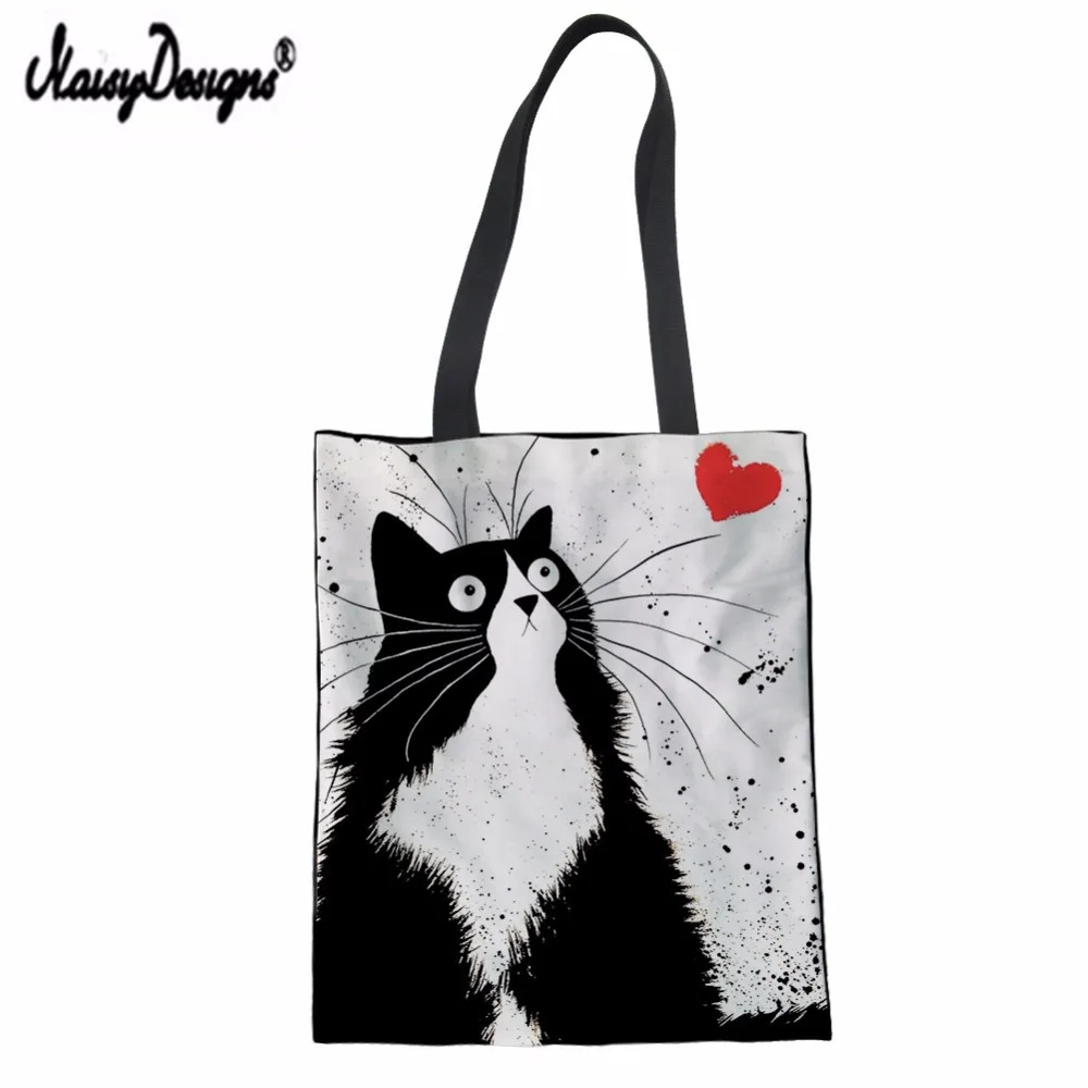 

NOISYDESIGNS Female Tote Shoulder Foldable Travel Bag Shopper Women Reusable Shopping Bag with Cute Cat Student Book Bag