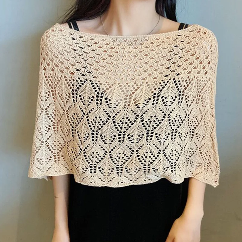 Korean Knit Hollow Crochet Lace Shawl Summer Short Ice Silk Cotton Blouse Pullover Women Fake Collar Neck Guard Cloak Scarf Q53