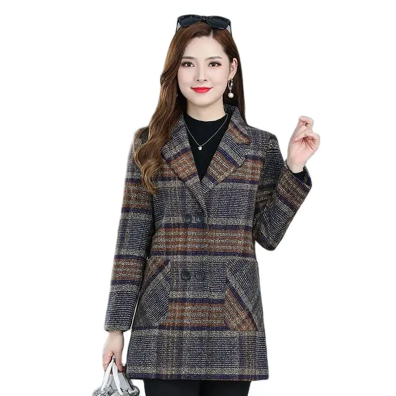 

Mother Wear Autumn Winter Woolen Coat Women Fashion Western-Style Middle-Aged Elderly Mid-Length Plaid Thick Woolen Jacket A989