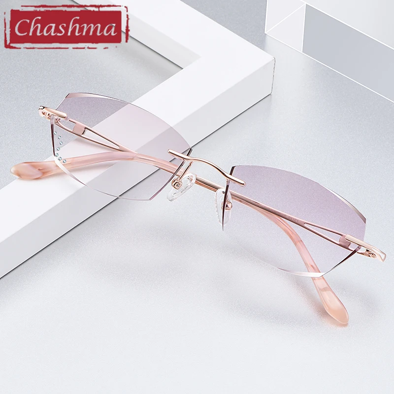 Chashma Titanium Fashion Female Eye Glasses Gray Red Lens Diamond Trimmed Rimless Spectacle Frames Women Sunglasses Tint Lenses