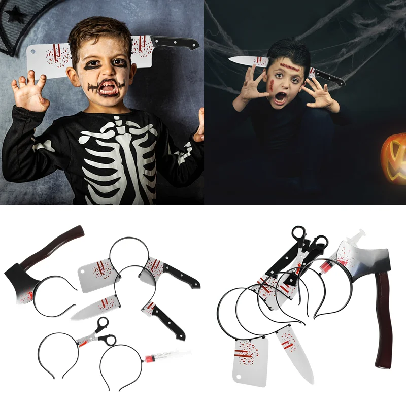 

2020 Halloween Party Decor Props Horror Bloody Knife Ax Syringe Scissors Funny Terrorist Toys Headband Halloween Party Supplies