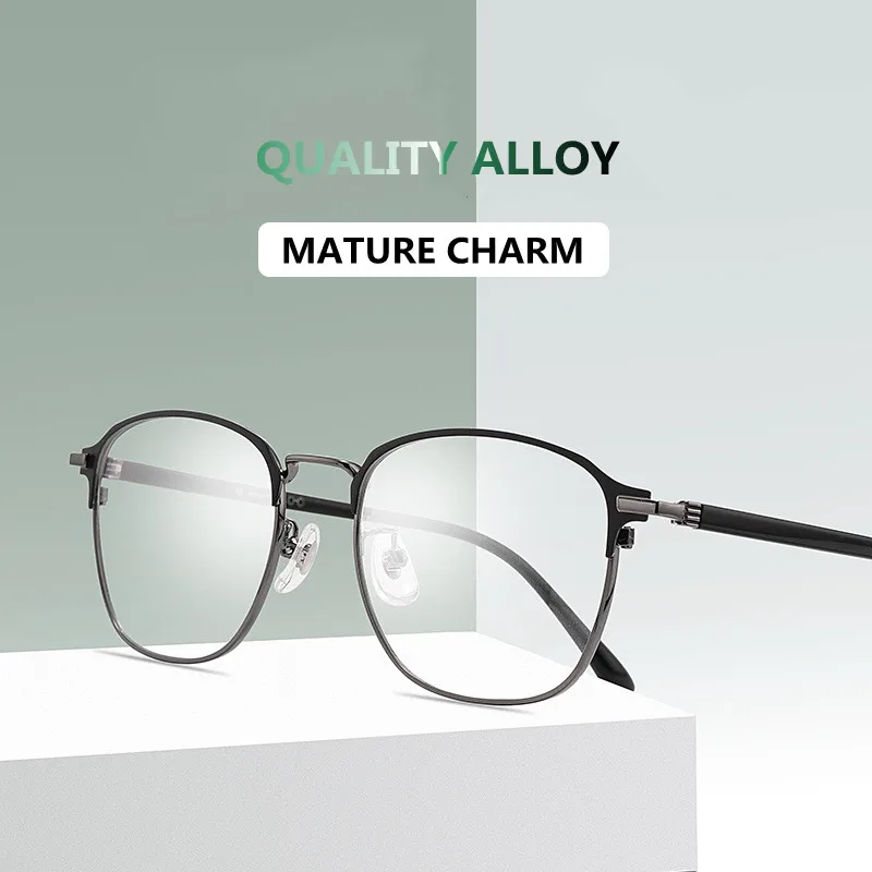 Blue Light Blocking Reading Glasses Men High Quality Alloy Business Photochromic Gray Presbyopia Eyeglasses with Diopter +1.75