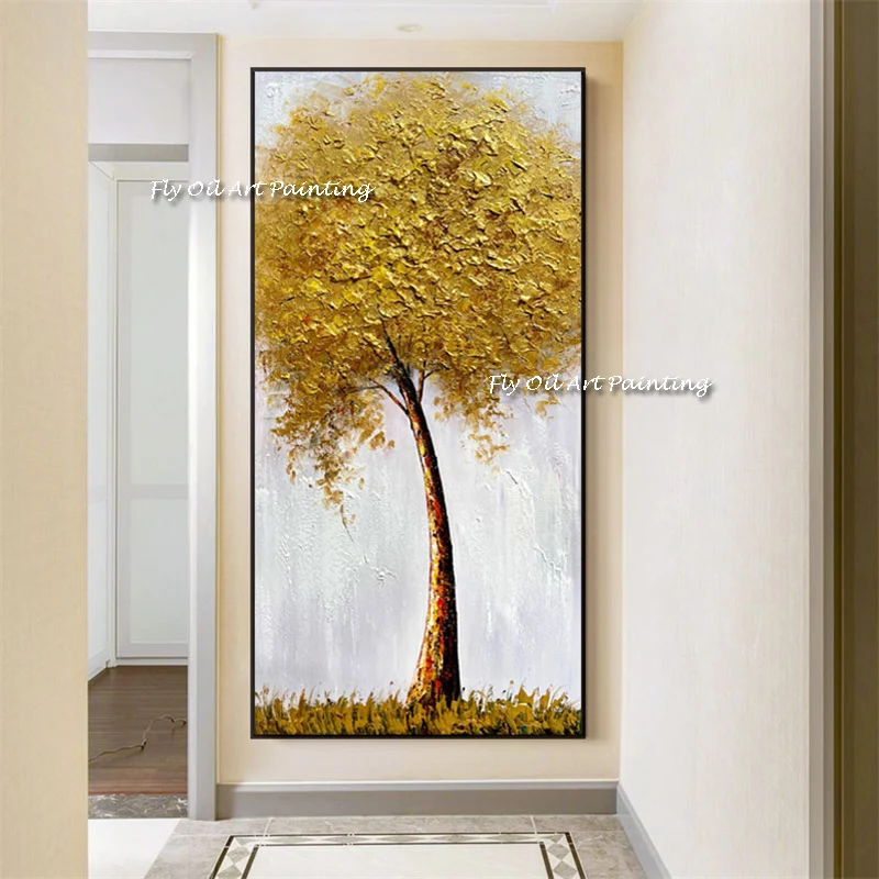 

100% New 3D Handmade Large Gold Money Tree Painting Modern Oil Painting On Canvas Wall Art Picture For Home Office Decor