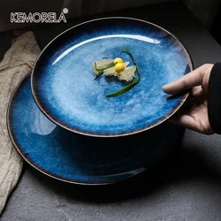 Nordic Ceramic Tableware Household Creative Ceramic Plate Blue Tray Tableware Retro Steak Western Fruit Plate High-end Tableware