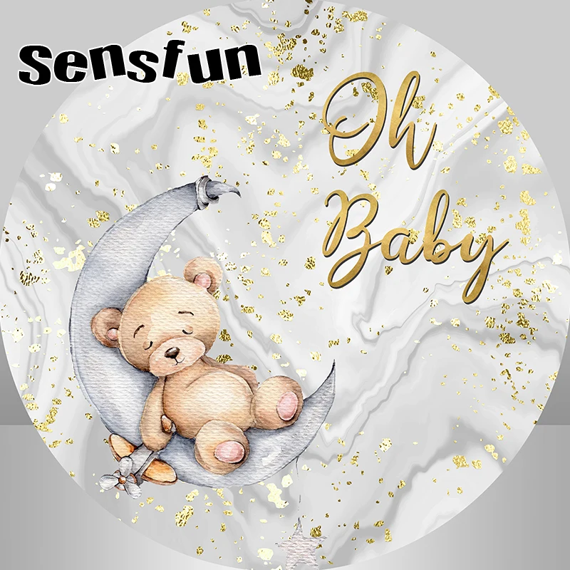 Sensfun Moon Bear استحمام الطفل حفلة عيد ميلاد جولة التصوير خلفية الرخام موضوع أوه الطفل دائرة خلفية يغطي مرونة